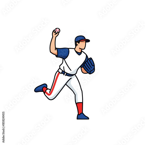 Cartoon baseball pitcher in a red, white, and blue uniform throwing a ball.