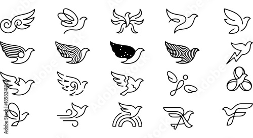 Collection of minimalist dove and bird logos in line art style Vector