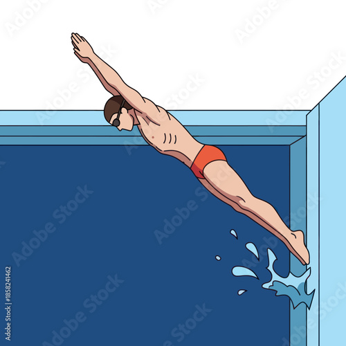 Cartoon illustration of a male swimmer in orange trunks diving into a swimming pool.