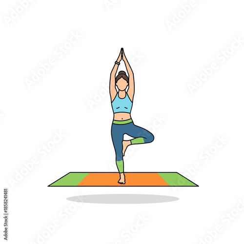 Cartoon illustration of a woman in sportswear practicing the Tree Pose (Vrksasana) on a yoga mat.