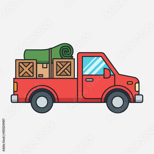 Cartoon illustration of a red pickup truck loaded with cargo boxes and a rolled-up green tarp.