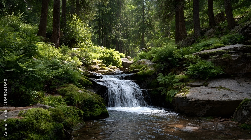 Obraz premium A tranquil forest waterfall cascades over moss covered rocks with sunlight filtering through the lush green trees