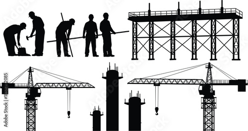 Construction site silhouette, workers and cranes, building process, scaffolding structure, concrete pillars, industrial scene, vector illustration, labor force, t