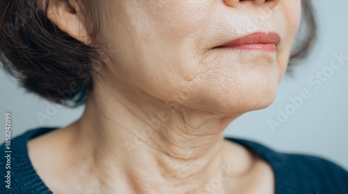 横顔に目立つマリオネットラインと首のシワに悩む女性