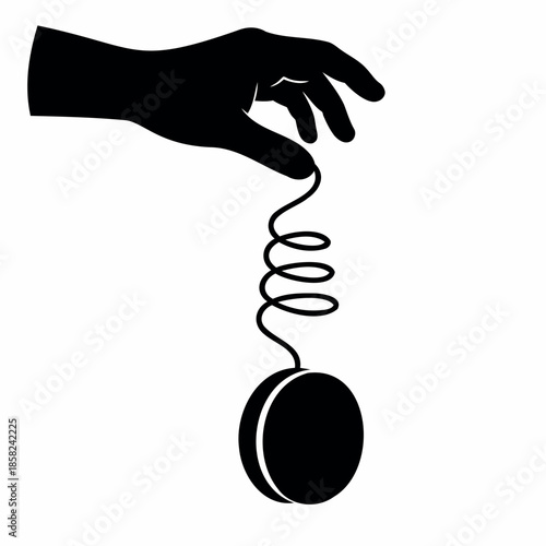 Silhouette of a hand holding a yoyo connected by a coiled spring string