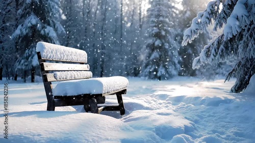 Wallpaper Mural Serene snowy forest with wooden bench falling snow sunlight rays and tranquil winter atmosphere Torontodigital.ca