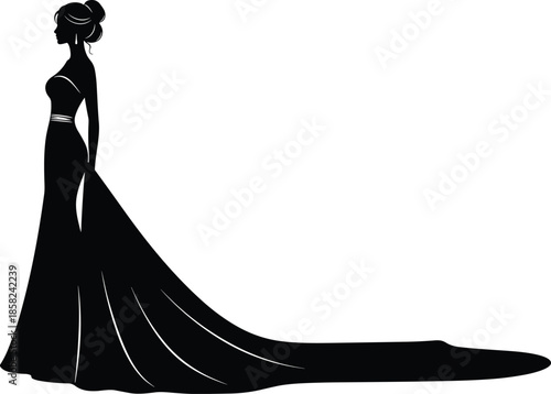 Elegant woman silhouette wearing long evening gown with flowing train, black fashion illustration isolated for luxury branding and design projects