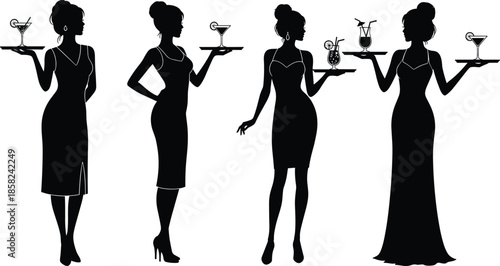 Elegant female waitress silhouettes, cocktail servers holding trays, martini drinks, nightlife bar service, hospitality fashion, luxury, restaurant, black vector illustration