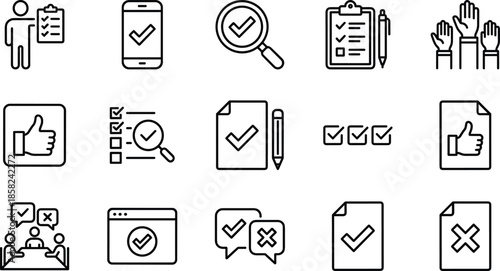 Evaluation feedback icons, checklist decision symbols, approval review vector, quality control illustration, black line design, cad drawing flat vector illustration