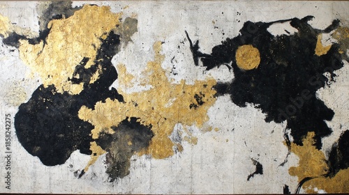 銀箔と金の有機的な模様が重なる、高級感溢れる現代アート