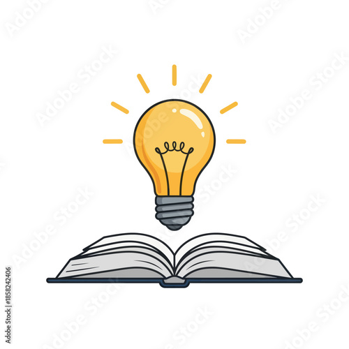 Glowing lightbulb of inspiration and knowledge floating above an open book.