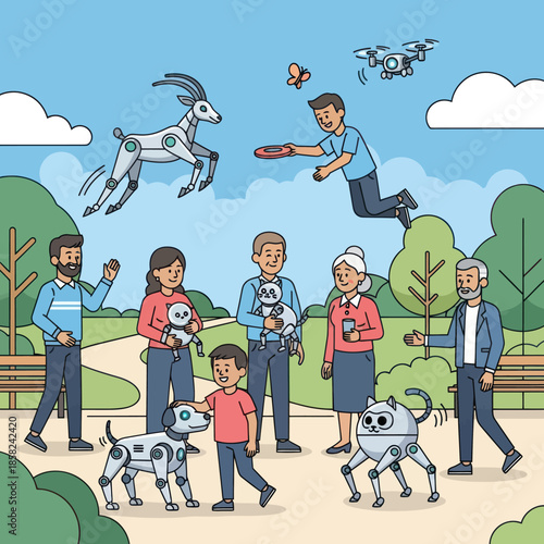 Happy people with advanced robot pets and a flying drone enjoying a day at the public park.