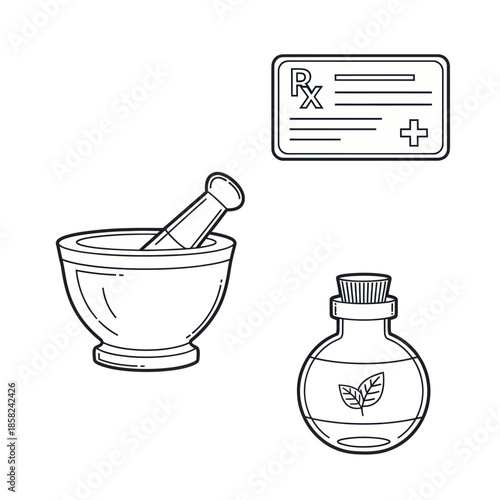 Hand-drawn medical and pharmacy icon set featuring a mortar and pestle, prescription card, and herbal remedy bottle.