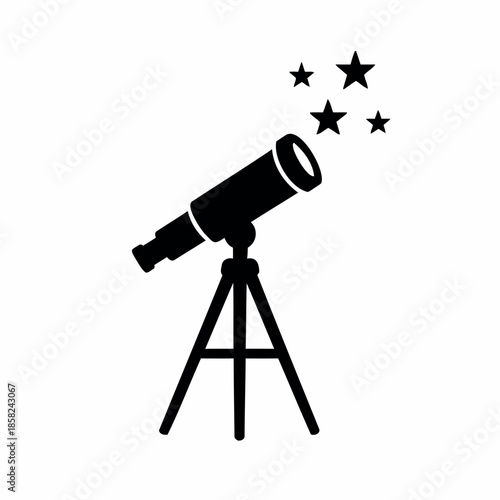 Black silhouette icon of a telescope on a tripod observing stars