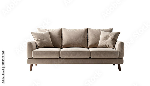 A neutral-toned, three-seater sofa with pillows sits against a stark black background