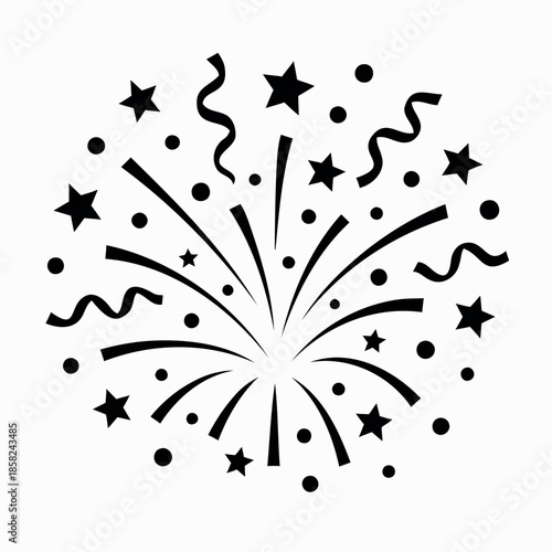 Black and white firework explosion with stars and confetti vector icon
