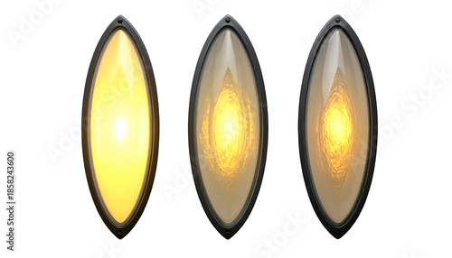 Three shields with glowing, textured centers and ornate black framing against a dark backdrop