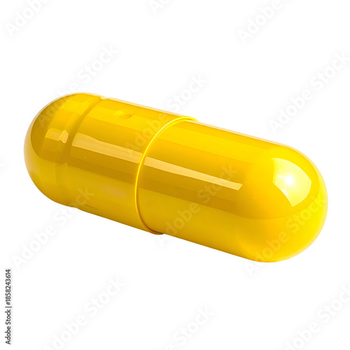 Close-up of a vibrant yellow capsule, slightly angled, with subtle highlights and a dark background