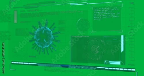 Animation of covid 19 cell and medical data processing on screen