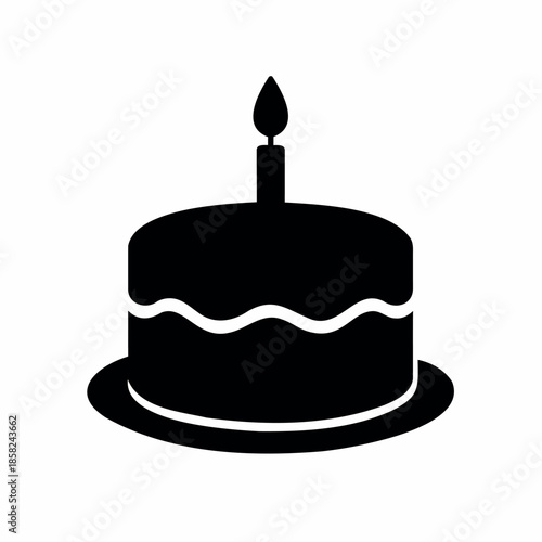 Black silhouette icon of a round birthday cake with a single lit candle on top
