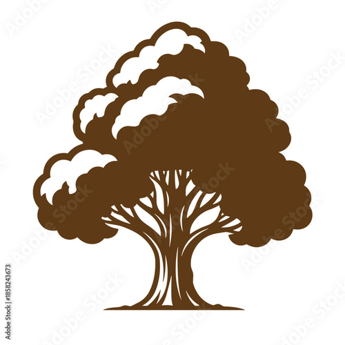 Vintage brown tree with large canopy and two trunks on white background