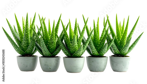 Five Aloe Vera plants in small pots, arranged in a row against a black backdrop
