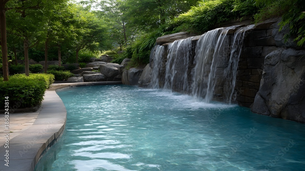 Naklejka premium Serene natural waterfall cascades into a turquoise swimming pool surrounded by lush greenery and rocks creating a tranquil outdoor oasis