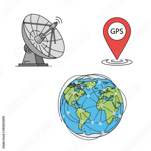 A set of GPS and global communication icons featuring a satellite dish, a location pin, and planet Earth with an orbital network.
