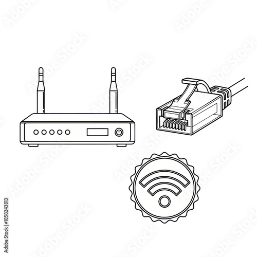 A set of internet and networking icons including a router, ethernet cable, and Wi-Fi symbol.
