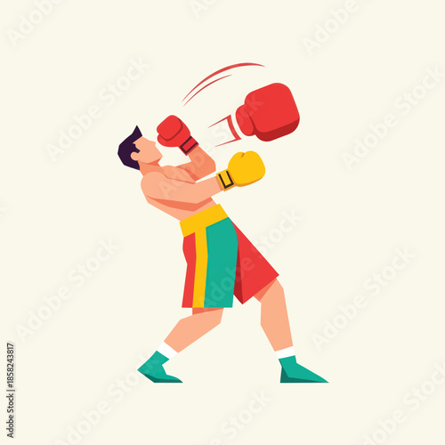 A stylized male boxer in colorful shorts getting hit by a powerful punch during a fight.