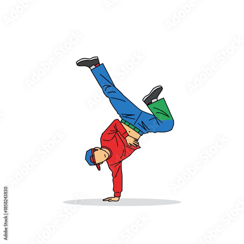 A young male breakdancer in a red hoodie performing a dynamic one-handed freeze move.