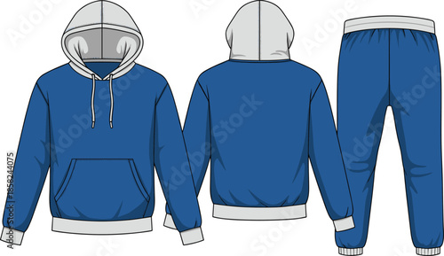 Casual hoodie and jogger pants set front and back view, comfortable streetwear tracksuit outfit, modern unisex sportswear, clean vector illustration