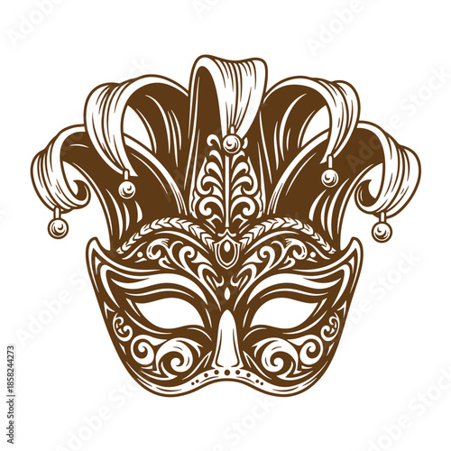 Vintage ornate brown and white venetian masquerade mask with intricate designs and feathers on transparent background