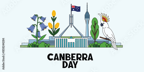 Canberra Day Landmark Illustration with Australian Symbols