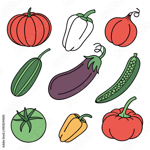 Colorful hand drawn vegetable collection, organic garden produce including red pumpkin, eggplant, green peas and peppers isolated on white