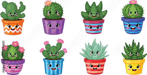Cute cartoon cactus and succulent plants collection in colorful pots, kawaii smiling characters, playful houseplant vector illustration set, adorable decorative design