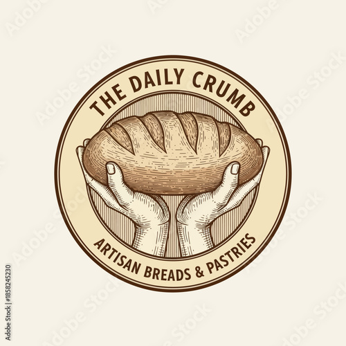 Artisan bread and pastries logo featuring hands holding a freshly baked loaf