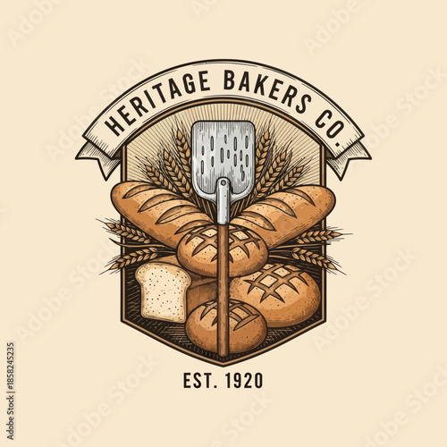 Vintage Bakery Logo Emphasizing Wheat and Rustic Bread Elements