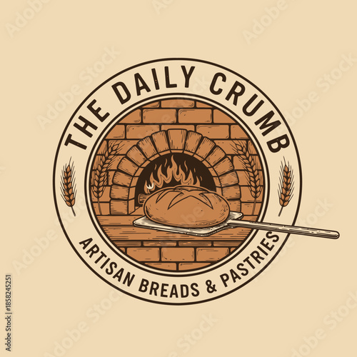 Warm bakery logo featuring artisan bread in a brick oven with rustic design