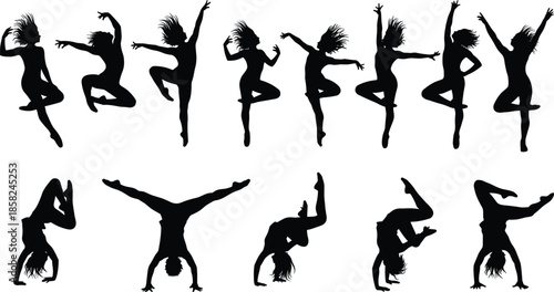 Female dancer silhouette set illustration jumping dancing acrobatic poses modern dance fitness art black vector isolated white background
