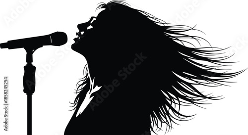 Female rock singer silhouette illustration singing into microphone flowing hair music performance concert stage black vector isolated background white design