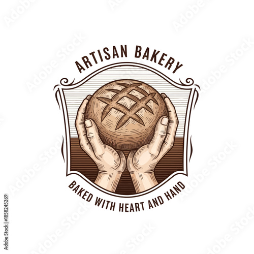 Elegant artisan bakery logo featuring hands gently holding a woven bread round