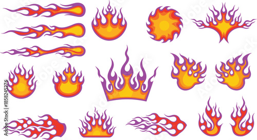 Flame PURPLE icon vector, stylized fire shapes, red orange yellow designs, motion trail effects, tattoo graphic pack, stock illustration.