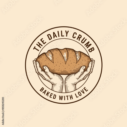 Artisan bread loaf emblem with hand illustration and heartfelt message