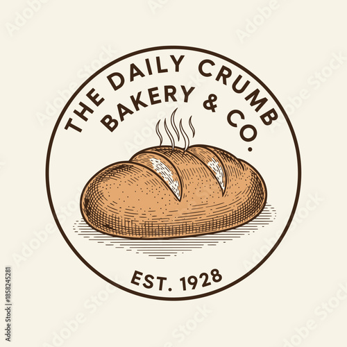 Hand-drawn vintage style bakery logo featuring a loaf of bread with steam rising