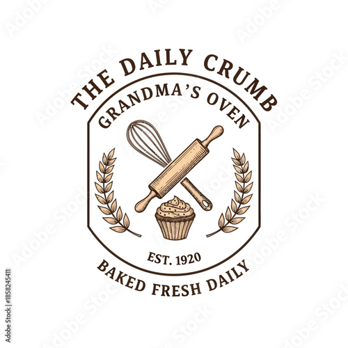 Vintage Bakery Logo Featuring a Rolling Pin and Wheat Laurels for a Classic Feel