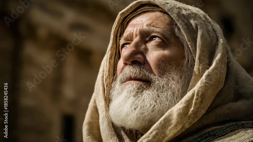 Close-up face portrait of a senior Pharisee man inside a temple, showing age, wisdom, and solemn expression. The scene conveys ancient religious tradition, contemplation, and historical atmosphere