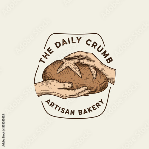 Handcrafted artisan bakery logo featuring hands gently holding a rustic bread