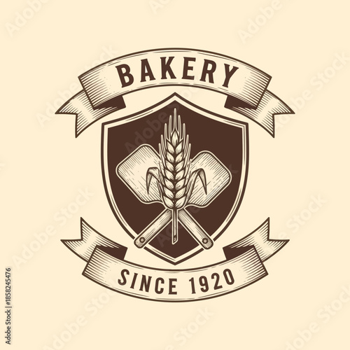Vintage bakery emblem featuring wheat and bread symbols with a shield design