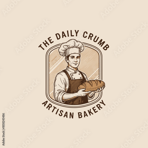 Vintage Artisan Bakery Logo Featuring a Skilled Female Baker Holding Fresh Bread